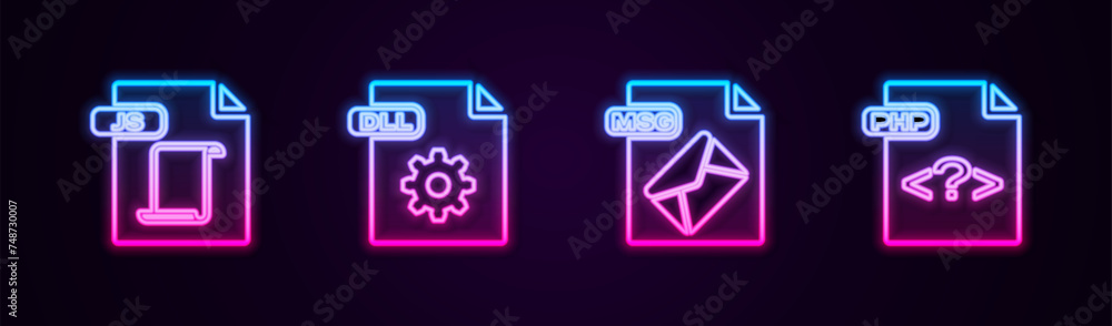 Poster set line js file document, dll, msg and php. glowing neon icon. vector