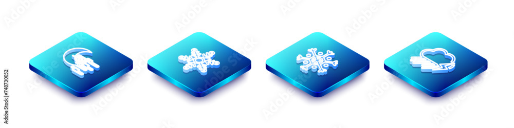 Poster set isometric line fog and moon, snowflake, and cloud with rain lightning icon. vector