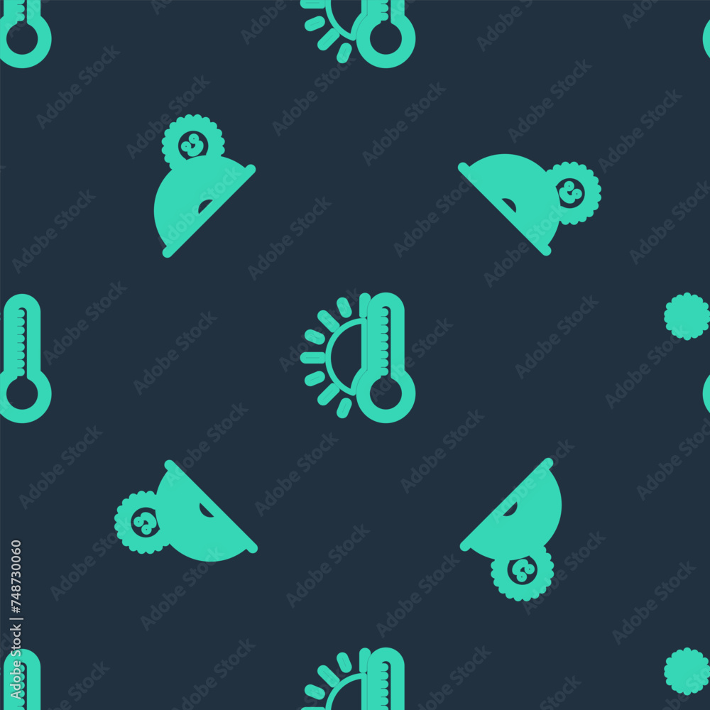 Poster set line thermometer with sun, rainbow and meteorology thermometer on seamless pattern. vector