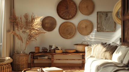 Bohemian serenity with a gallery wall of woven baskets and selected art pieces.