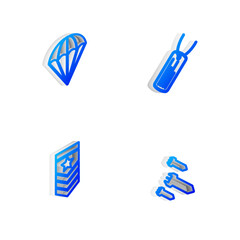 Set Isometric line Military dog tag, Parachute, Chevron and Rocket icon. Vector