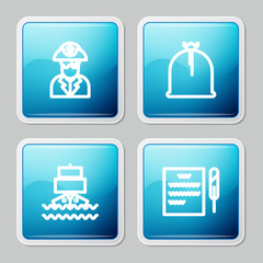 Set line Pirate captain, sack, Ship and Feather pen and scroll icon. Vector