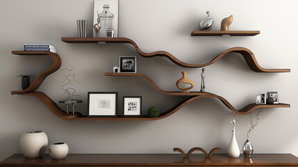 Asymmetrical floating shelves with unique sculptures and framed art for an artistic living room wall.