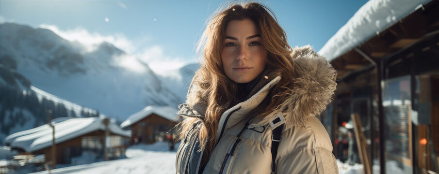 Pretty woman in amazing winter mountains. Apres ski venue