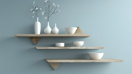 Triangular oak shelves, sleek white ceramics, pale blue wall. - Powered by Adobe