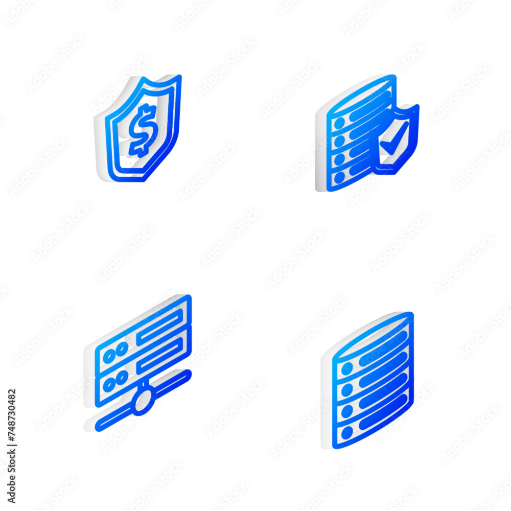 Poster set isometric line server with shield, shield dollar, server, data, web hosting and icon. vector