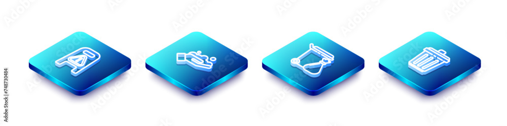 Poster set isometric line wet floor and cleaning in progress, washing hands with soap, trash can garbage ba