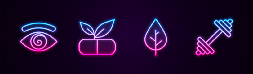 Set line Hypnosis, Medical pill with plant, Leaf and Dumbbell. Glowing neon icon. Vector