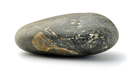 A smooth, oval-shaped stone with a dark gray color and a few white spots. It is sitting on a white surface.