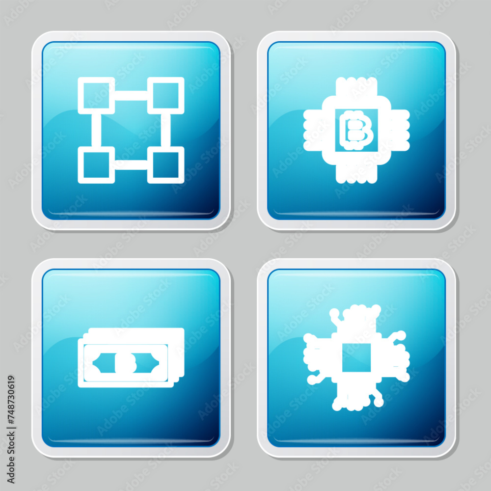 Poster set line blockchain technology, cpu mining farm, cryptocurrency bitcoin and processor icon. vector