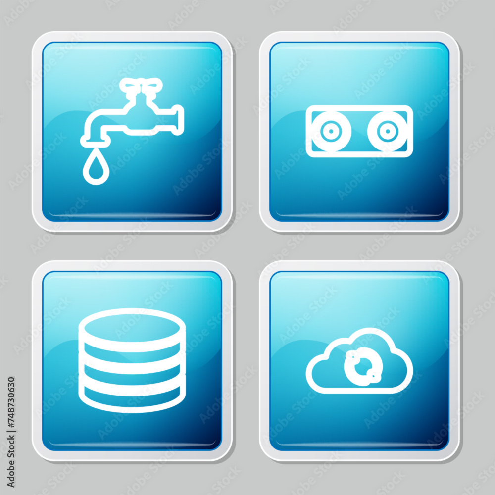 Poster set line water tap, stereo speaker, database and cloud sync refresh icon. vector
