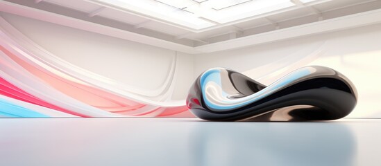 Fototapeta premium A black and blue shoe is placed on top of a table in an abstract white interior setting. The shoe stands out against the minimalistic background, creating a stark contrast.