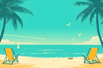 Gardinen Two chairs sit on the sandy beach with palm trees and azure water. travel and vacation concept © lena