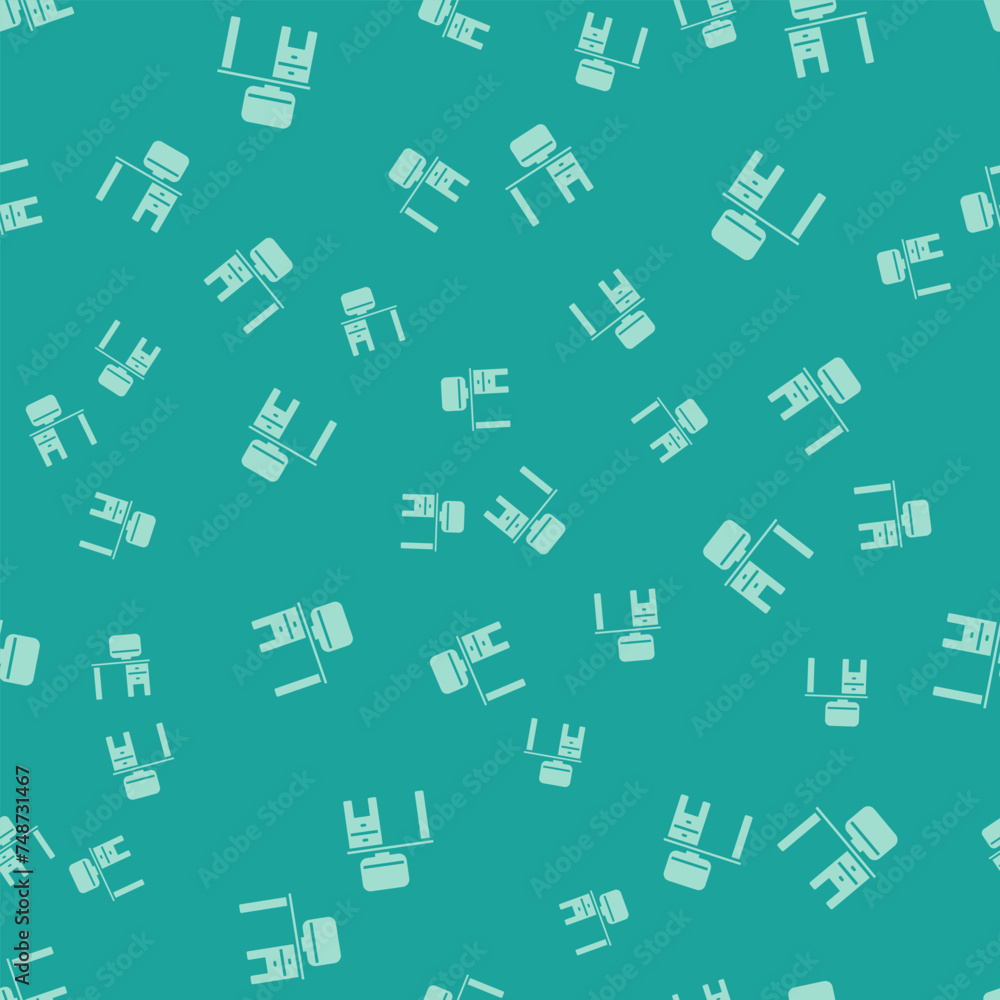 Poster green computer monitor and desk icon isolated seamless pattern on green background. pc component sig