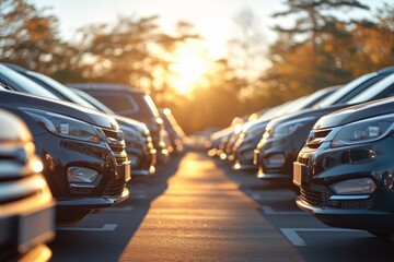 New Cars in Dealership Lot at Sunset - High-Quality Stock Image of Modern Automobiles for Sale, Perfect Alignment, Golden Hour Lighting