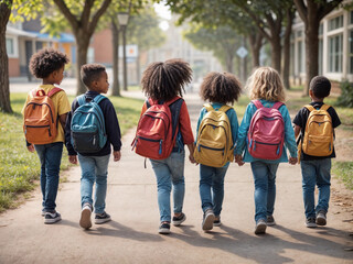 Group of young diverse children with backpacks walking together embodying the back to school concept on their first day of school - obrazy, fototapety, plakaty