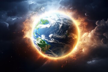 Earth planet sunny cloudy rainy and lightning bolts weather forecast, climate change. Generative Ai.