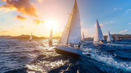 Fleet of sailboats racing on the ocean waves at sunset, with golden light. - obrazy, fototapety, plakaty