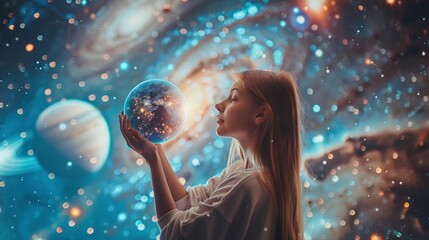 Naklejka premium astrology concept depicted with a woman holding a planet in outer space, surrounded by a cosmic background and visible celestial planets