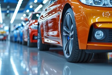 cars in showroom fore sale close up of tires  Showroom Elegance - Colorful, Polished Cars in a...
