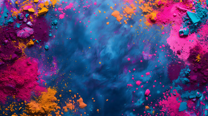 Vibrant colorful piles of red and purple pigment powders frame on blue background with copy space for text at the center of image.