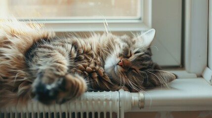 domestic lazy long-haired young whiskered cat lies and stretches against background of window and heating radiator, concept of autonomous heating, warm floors, sick animal, summer heat. sad animal - obrazy, fototapety, plakaty
