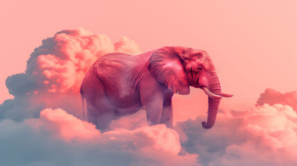 an elephant standing on top of a cloud filled with pink and white clouds with a pink sky in the background.