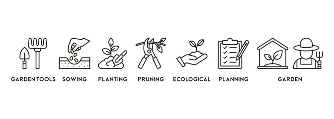 Gardening icons set and design elements vector illustration with the icon of garden tools, sowing, planting, pruning, ecological, planning and garden