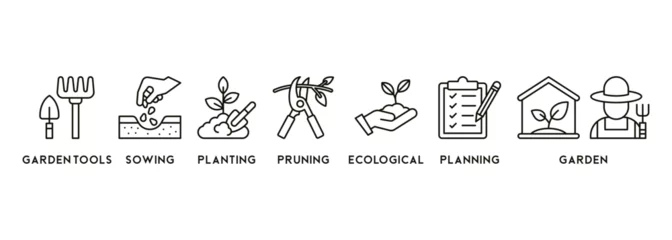 Foto op Plexiglas Gardening icons set and design elements vector illustration with the icon of garden tools, sowing, planting, pruning, ecological, planning and garden © Kinder