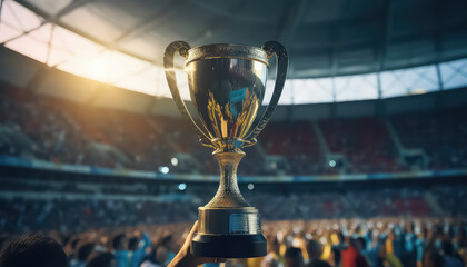 The golden cup is in the hands of the winners in the sports game - obrazy, fototapety, plakaty