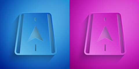 Paper cut Infographic of city map navigation icon isolated on blue and purple background. Mobile App Interface concept design. Geolacation concept. Paper art style. Vector