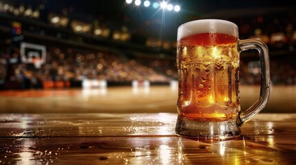 Glass of beer on basketball stadium background