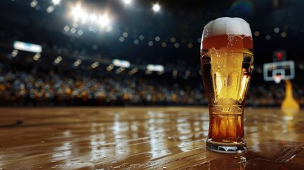 Glass of beer on basketball stadium background
