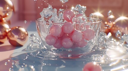 a glass bowl filled with lots of pink balls on top of a white table cloth next to gold and silver ornaments.