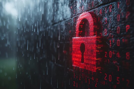 Cybersecurity Concept: 3D Rendered Pink Digital Padlock with Glowing Red Encryption Data Particles on Dark Background - Ideal for Technology and Security Themes