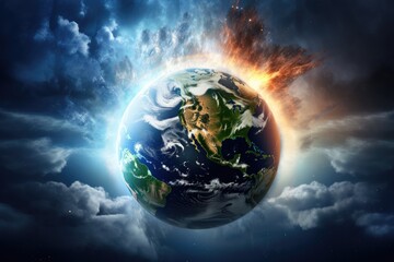 Earth planet sunny cloudy rainy and lightning bolts weather forecast, climate change. Generative Ai.