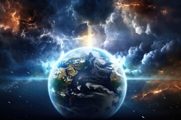 Fototapeta premium Earth planet sunny cloudy rainy and lightning bolts weather forecast, climate change. Generative Ai.