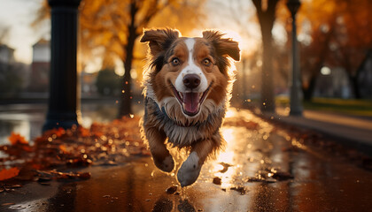 cute joyful dog walking in the park - obrazy, fototapety, plakaty