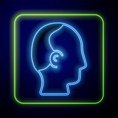 Glowing neon Baldness icon isolated on blue background. Alopecia. Vector