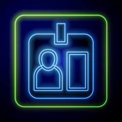 Glowing neon Press journalist vertical badge icon isolated on blue background. Media identification id card. Vector