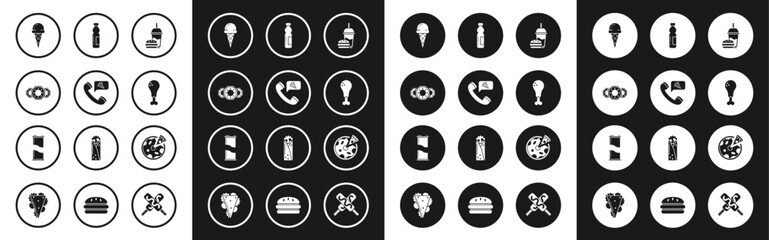 Set Paper glass with drinking straw and burger, Food ordering pizza, Donut sweet glaze, Ice cream waffle cone, Chicken leg, Bottle of water, Pizza and Soda can icon. Vector