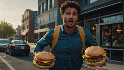 burger man,burger wacking man a man han holding burger - obrazy, fototapety, plakaty
