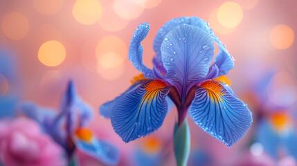 Beautiful summer nature background with iris flowers. Blue iris flowers closeup on pink bokeh background.