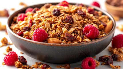 Homemade granola with fresh raspberries and nuts in a bowl on a white background