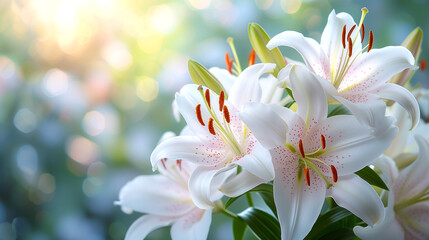 Beautiful summer nature background with lily flowers. White lily flowers closeup on green bokeh background.