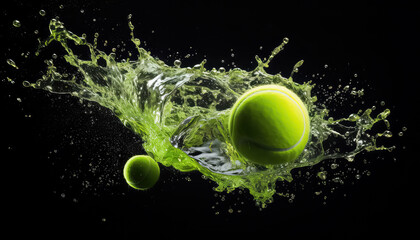Baseball or tennis ball green with water drops flying on black background