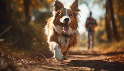 cute joyful dog walks in the park with its owner in the background - obrazy, fototapety, plakaty