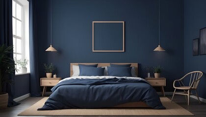 Frame mockup in cozy dark blue bedroom interior, 3d render 