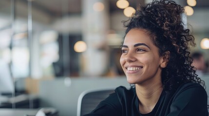 Happy female entrepreneur looking away while sitting at desk in office