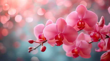 Beautiful spring nature background with orchid flowers. Pink orchid flowers closeup on pink bokeh...